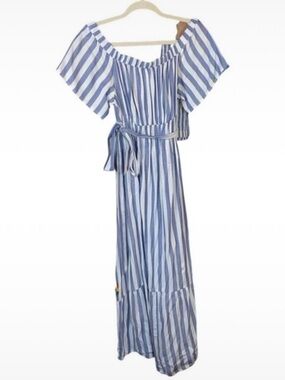 Isabel Maternity Blue/White Striped Boho Maxi Dress, Size Small